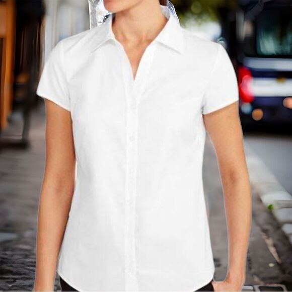 New George White Short Sleeve Button Up Collared Shirt Blouse Womens Size L‎ - Picture 1 of 8